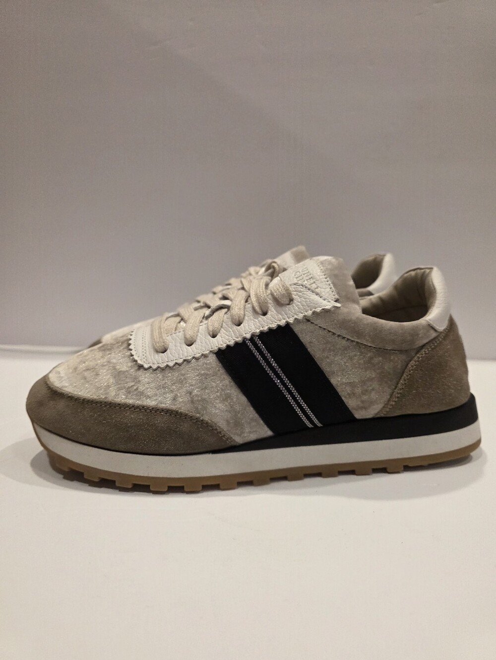 Brunello Cucinelli Beige Suede & Black Stripe Women's Sneaker 39